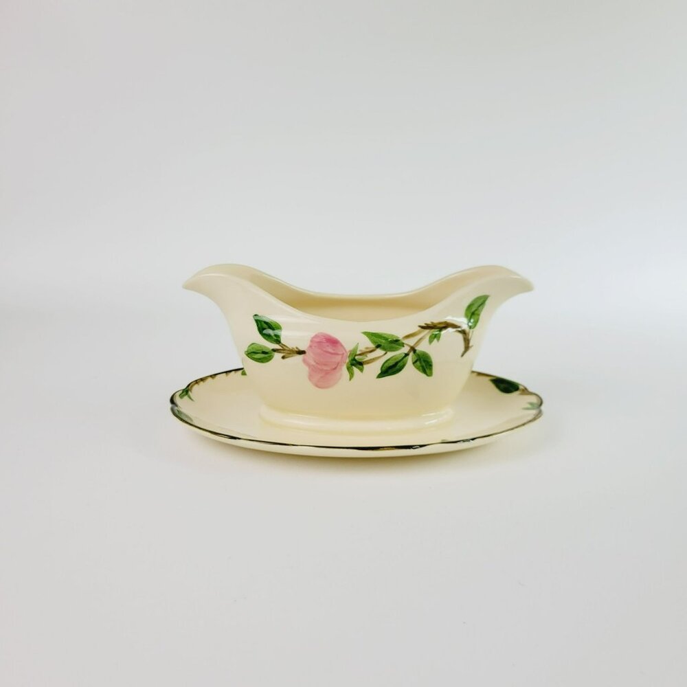 Franciscan Desert Rose Gravy Boat & Plate Pink Floral Hand Painted c.1949-53 USA
